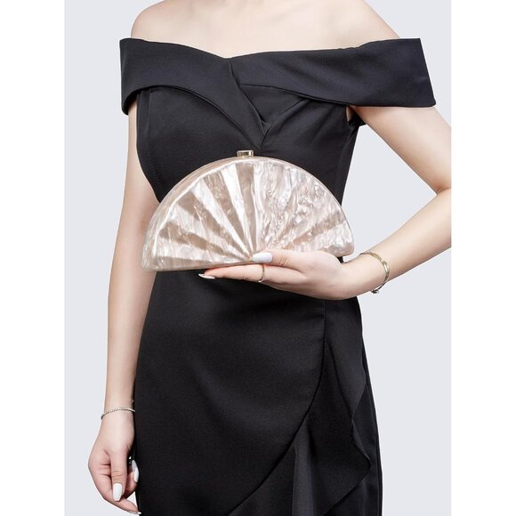 Ivory Acrylic Fan Shell Clutch Purse Elegant Marbled Handbag with Detachable Cha - Picture 3 of 6